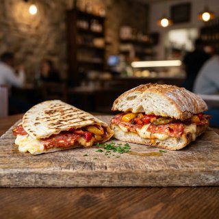 salame piccante, scamorza, peperoni