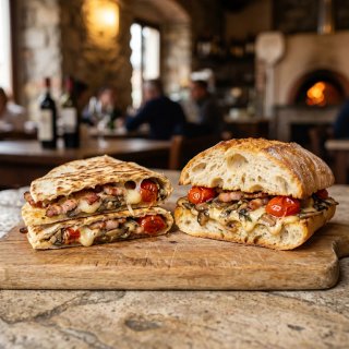 pancetta, scamorza, funghi, pomodorini